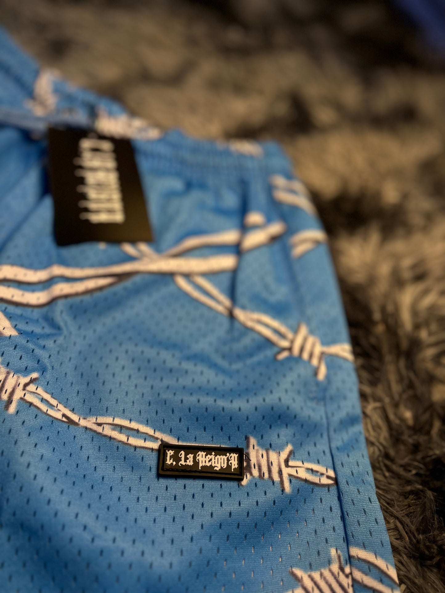 BARBED WIRE MESH SHORTS - BABY BLUE
